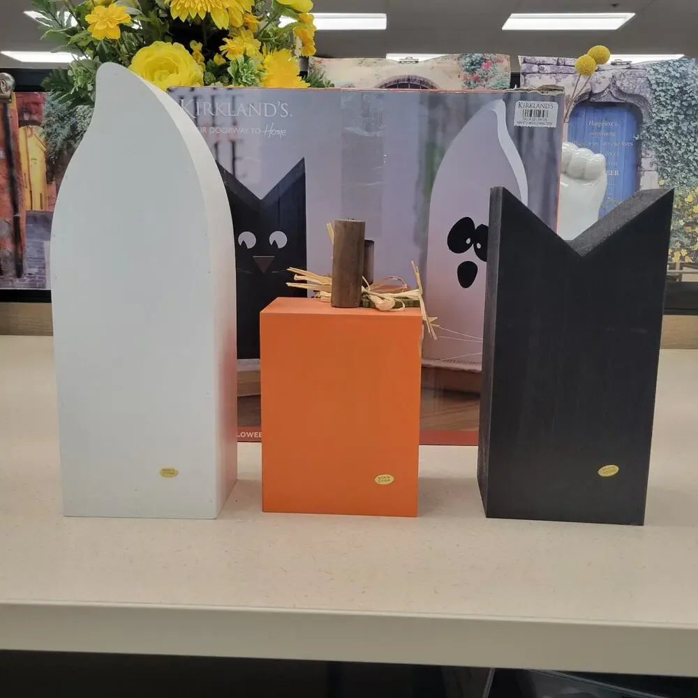 Kirkland's Set of 3 Halloween Wood Figurines Ghost Black Cat Jack-o'-lantern
